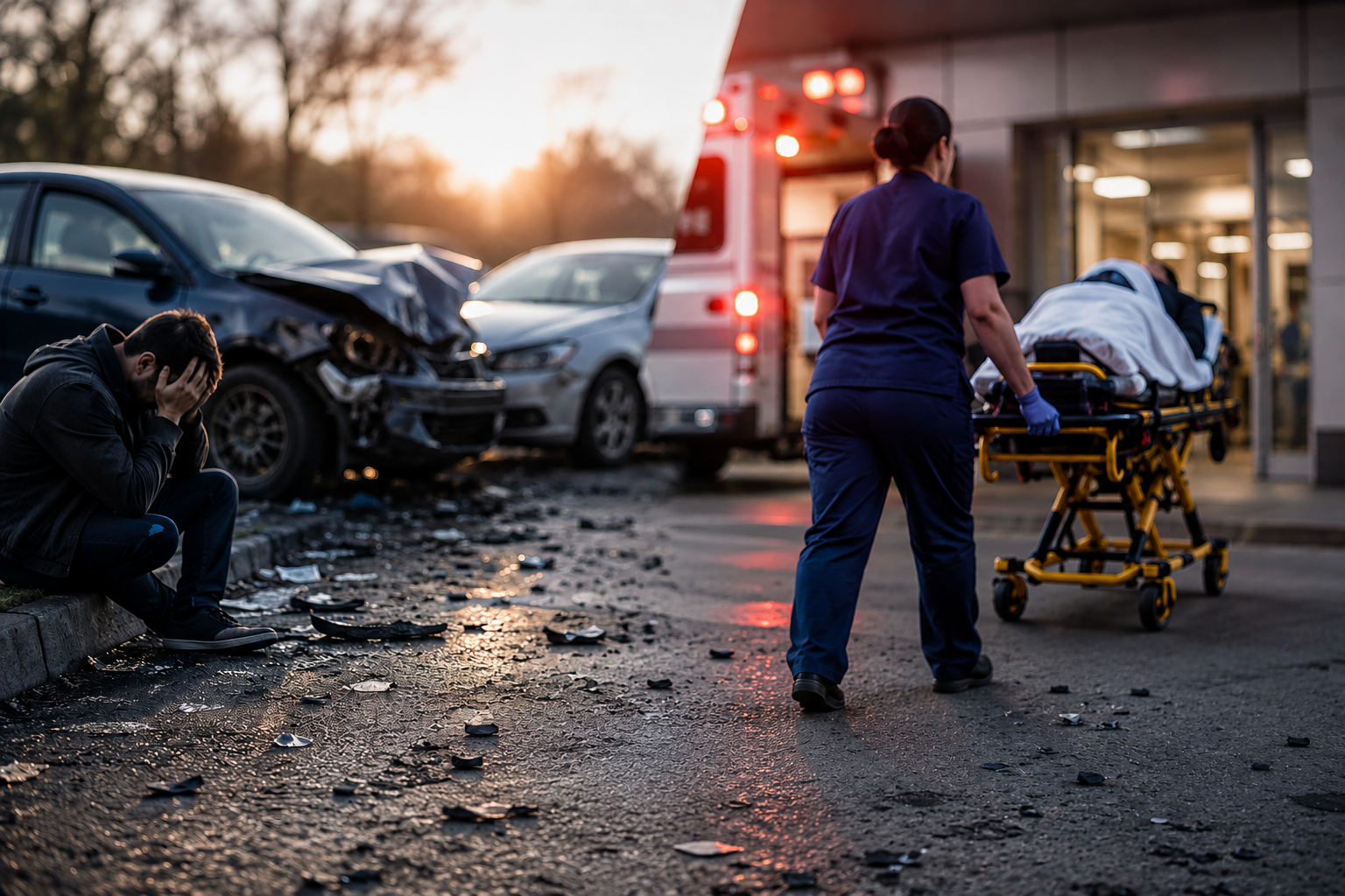 emergency-room-car-accident A distressed accident victim sits amid crash debris as an EMT rushes a patient on a stretcher toward an emergency room, with damaged vehicles and an ambulance visible in the background.