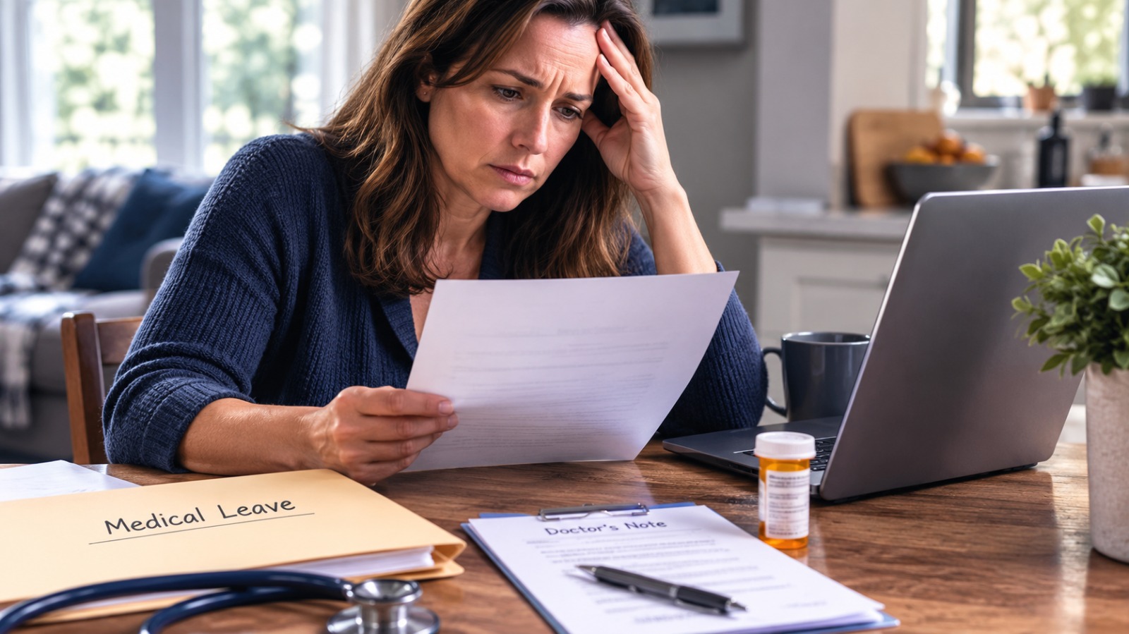 Employee reviewing termination letter after requesting medical leave.