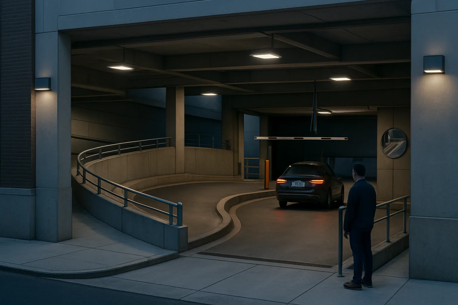 Philadelphia parking garage pedestrian accident lawyer scene showing a separated garage exit walkway Philadelphia parking garage pedestrian accident lawyer scene showing a separated garage exit walkway