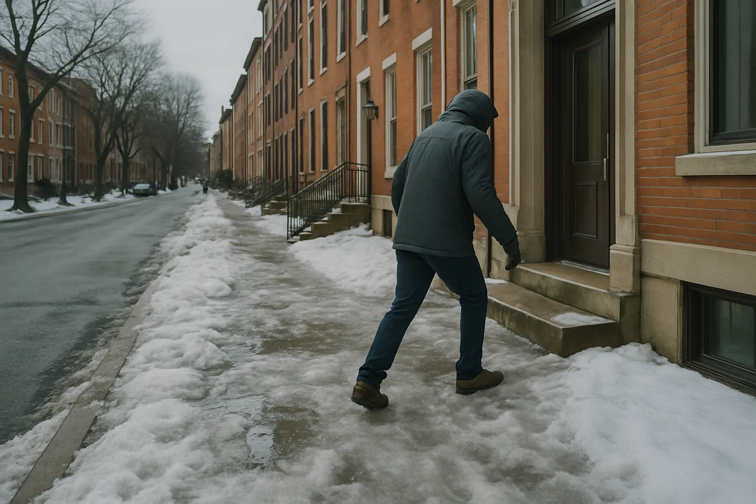 Philadelphia snow and ice pedestrian injury lawyer guide showing an icy urban sidewalk Philadelphia snow and ice pedestrian injury lawyer guide showing an icy urban sidewalk