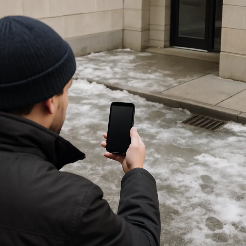 Documenting icy sidewalk conditions near a Philadelphia commercial entrance