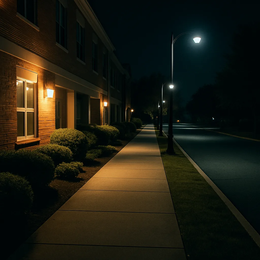 Nighttime walkway showing shadows and blocked lighting relevant to a New Jersey injury claim