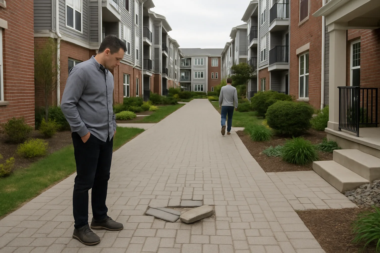 New Jersey apartment walkway injury scene showing uneven pavement near a residential complex New Jersey apartment walkway injury scene showing uneven pavement near a residential complex