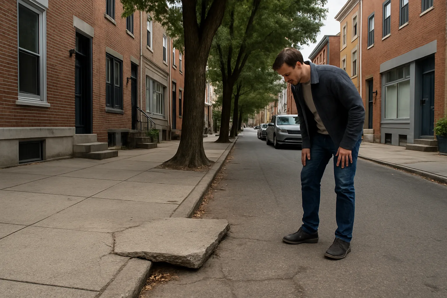 Philadelphia sidewalk accident scene showing a hazardous uneven sidewalk near city property
