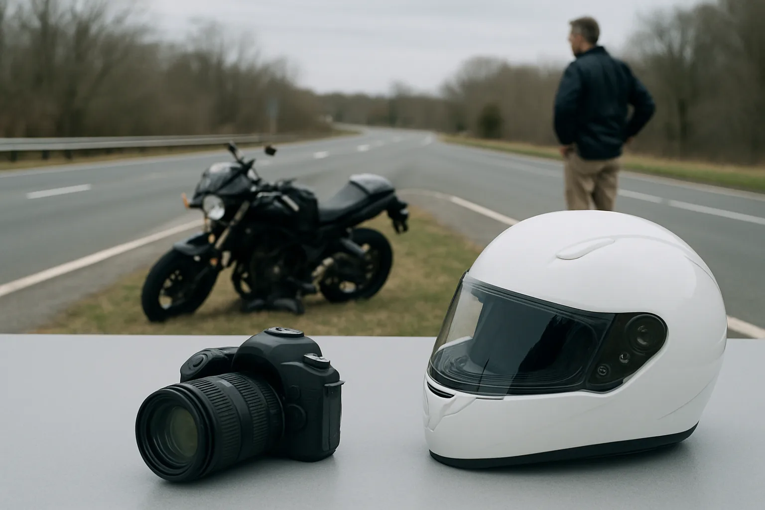 New Jersey motorcycle accident evidence documented near a damaged motorcycle and helmet New Jersey motorcycle accident evidence documented near a damaged motorcycle and helmet