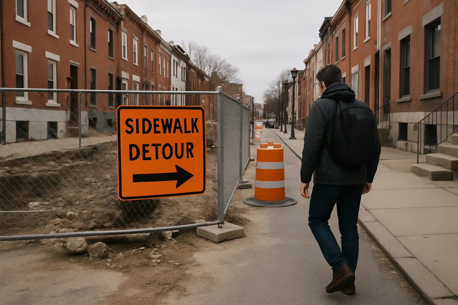 Philadelphia construction-zone pedestrian detour with temporary barriers and an alternate walkway Philadelphia construction-zone pedestrian detour with temporary barriers and an alternate walkway