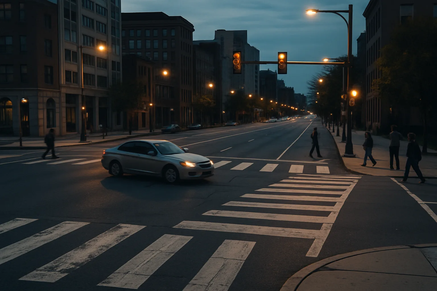 Philadelphia crosswalk pedestrian accident lawyer topic showing an urban crosswalk and turning vehicle Philadelphia crosswalk pedestrian accident lawyer topic showing an urban crosswalk and turning vehicle