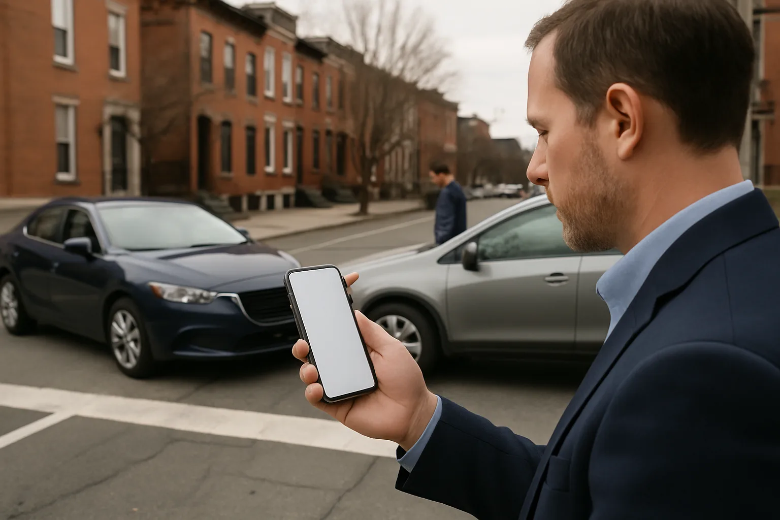 Philadelphia rideshare accident evidence represented by a smartphone and vehicles near an urban intersection