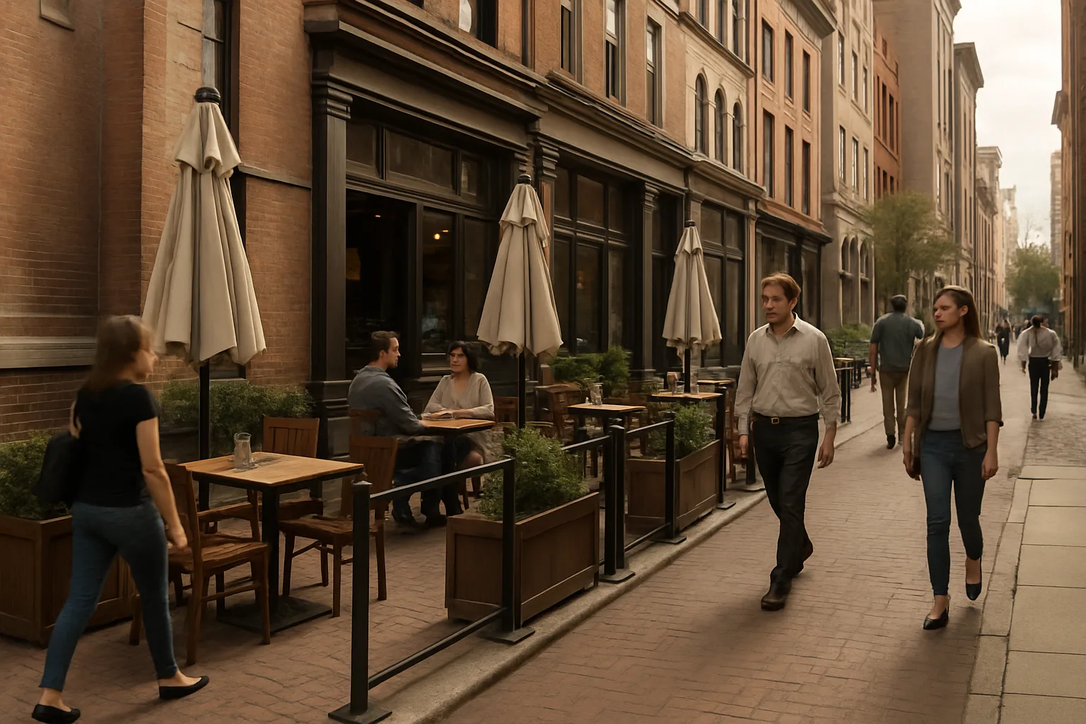 Philadelphia sidewalk café with patio equipment narrowing a pedestrian route Philadelphia sidewalk café with patio equipment narrowing a pedestrian route