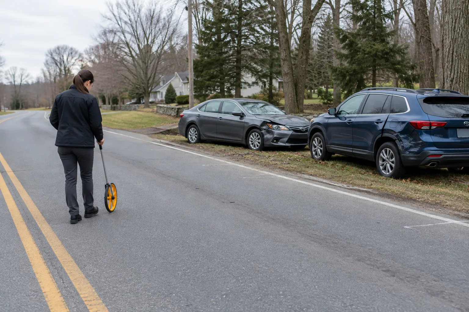 Accident reconstruction professional documenting vehicle positions and road evidence after a New Jersey crash Accident reconstruction professional documenting vehicle positions and road evidence after a New Jersey crash