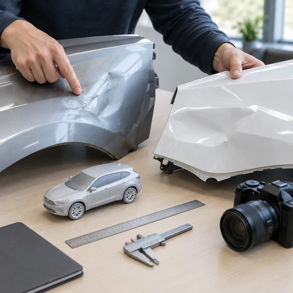 Close-up comparison of vehicle damage patterns and measurement tools for New Jersey crash reconstruction