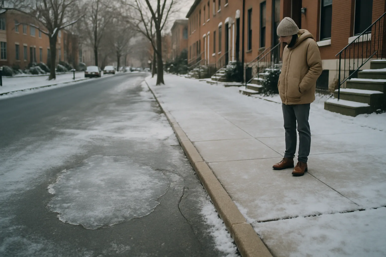 Philadelphia ice slip and fall evidence at a snowy sidewalk with refrozen pavement