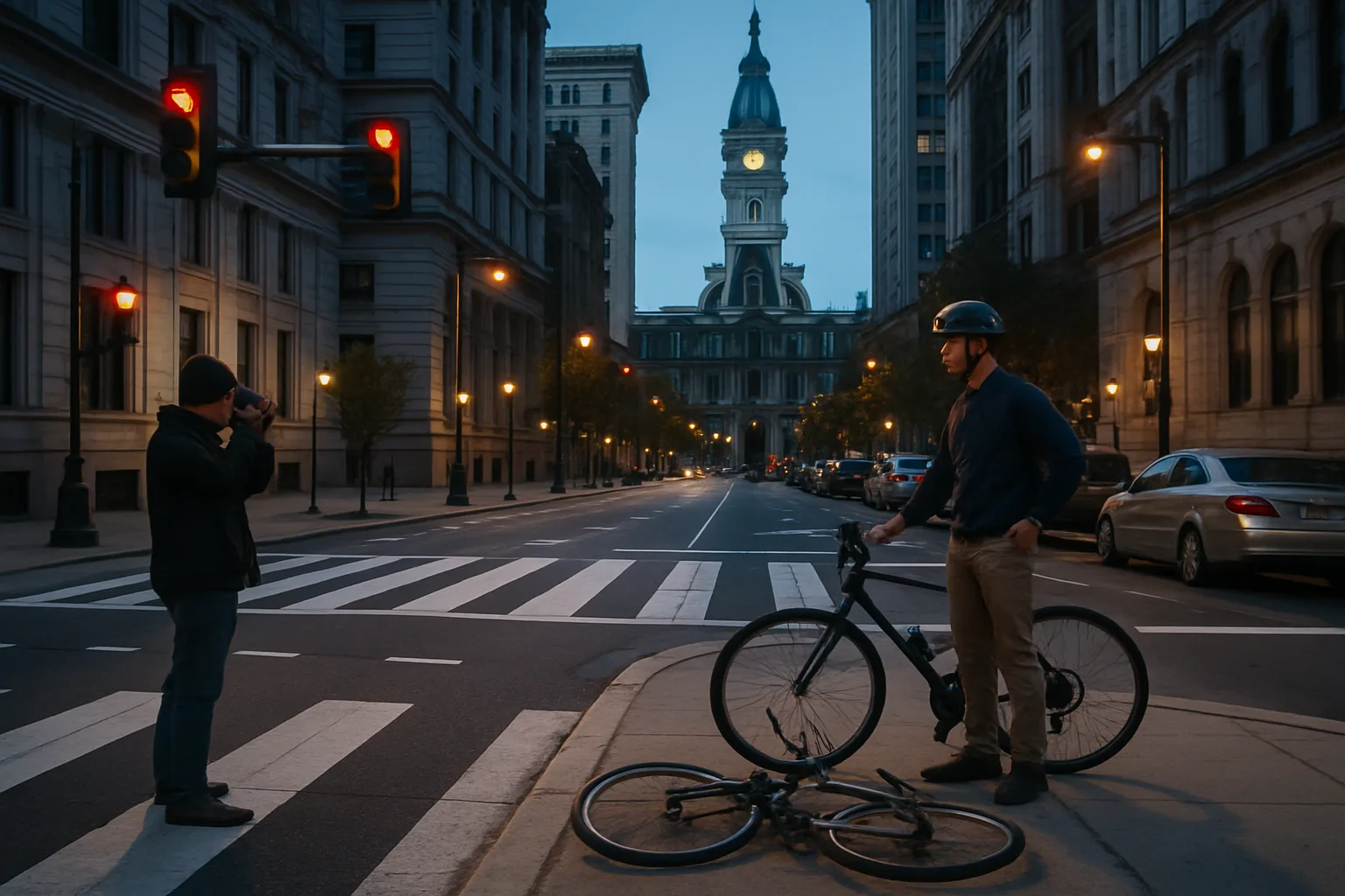 Philadelphia pedestrian accident evidence scene with a bicycle, crosswalk, and roadway conditions